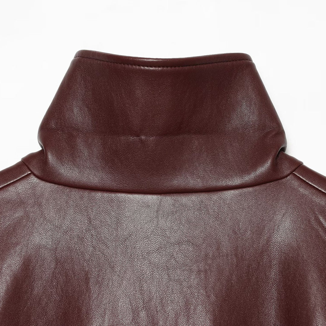 Damen Cropped Kunstlederjacke mit hohem Kragen, Oversize-Ärmeln und tailliertem Bund Shop Nory