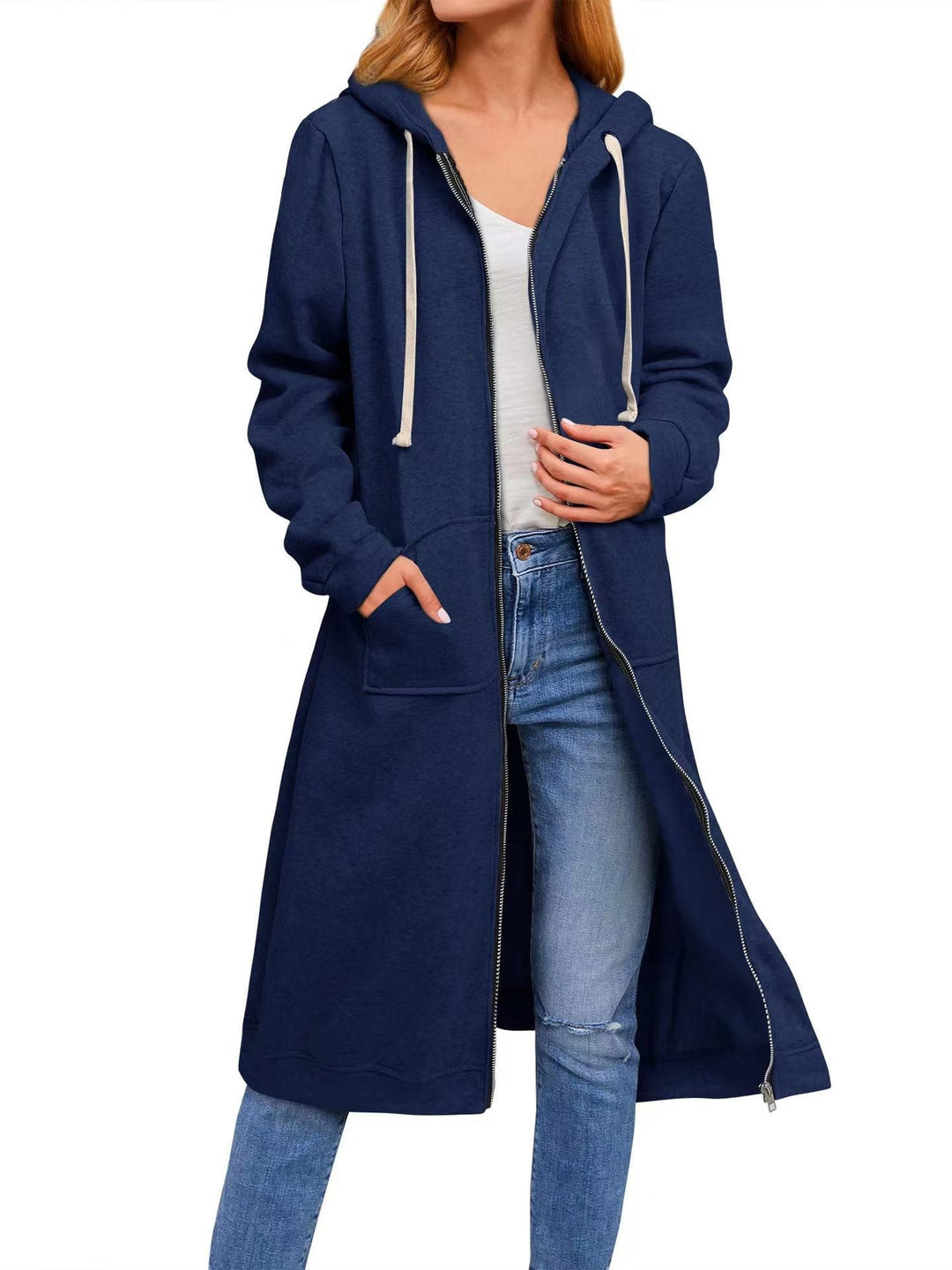 Damen Long Hoodie-Jacke aus bequemen Sweatmaterial mit Taschen