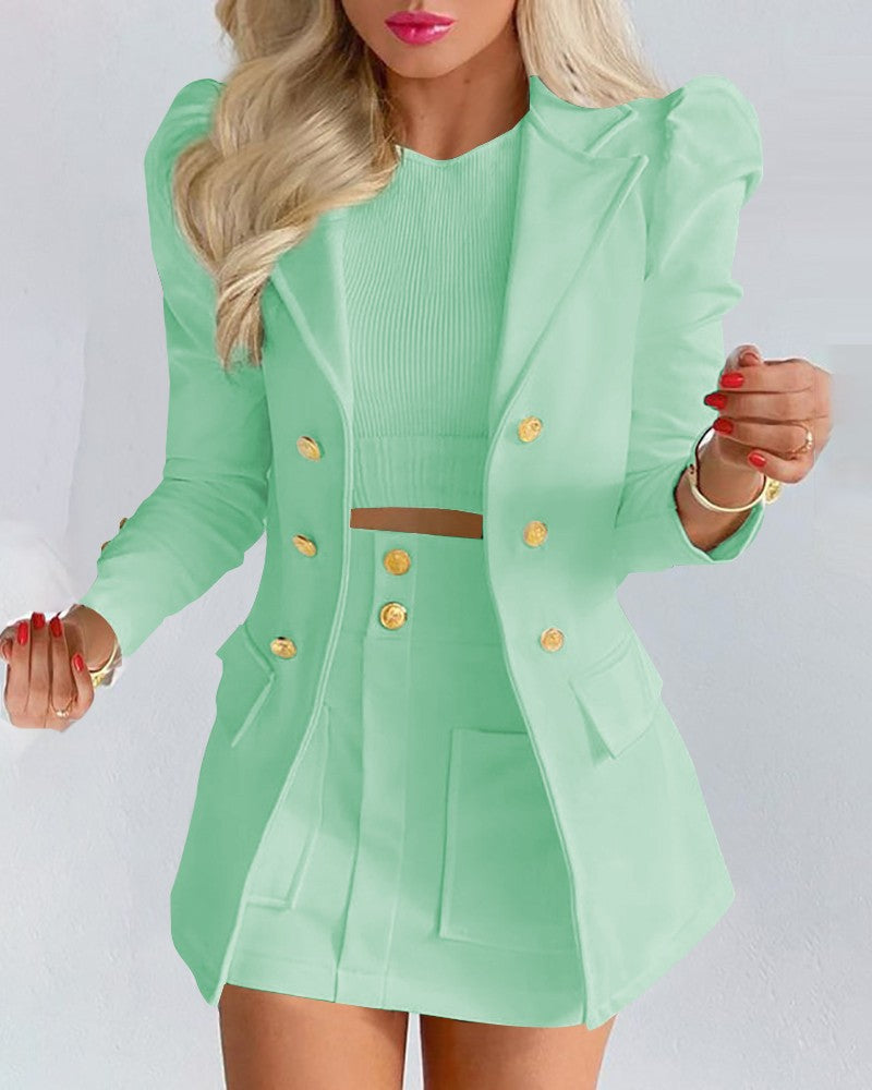Damen Zweiteiliges karriertes Blazer- und Minirock-Set mit betonten Puffärmeln und goldenen Knöpfen Shop Nory