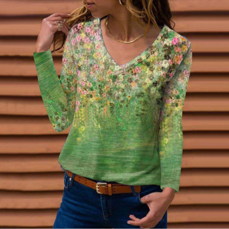 Damen Langarm V-Ausschnitt-Tunika mit floralem Aquarellprint und leichter Jersey-Qualität Shop Nory
