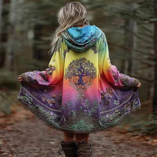 Damen Boho Kapuzenmantel im Schwung-Schnitt mit Baum-Motiv und Farbverlauf Shop Nory