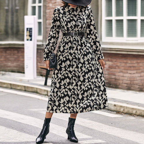 Damen Midikleid mit animalinspiriertem Print, Stehkragen und taillierendem Gürtel Shop Nory