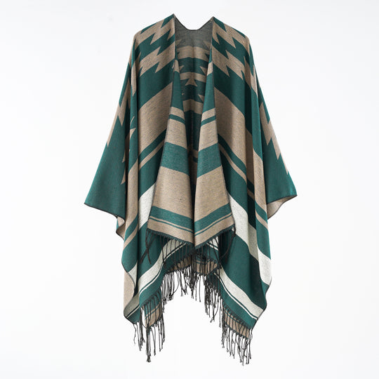 Damen Langer Reversfreier Webponcho im Umhangstil mit dezentem Zackenmuster und Fransensaum Shop Nory