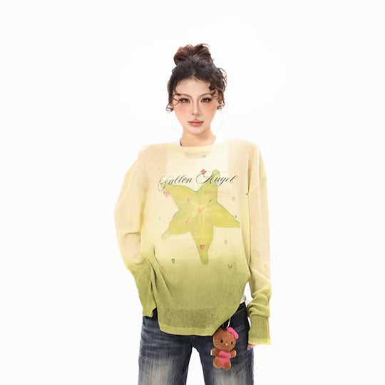 Damen Langarmshirt aus weichem Feinstrick mit Dip-Dye‑Gradient und Sternblüten‑Print Shop Nory