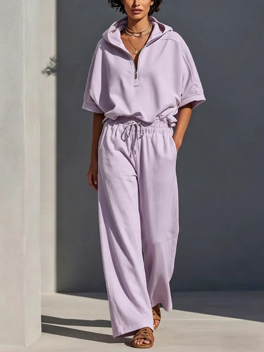 Damen Lässiges Lounge-Set mit Kapuzenpullover mit halbem Reißverschluss und weiter Palazzohose Shop Nory
