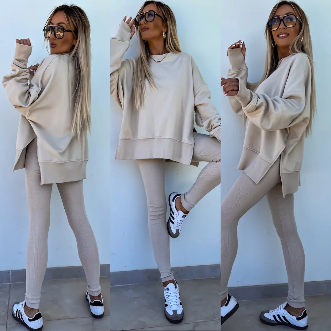 Damen komfortables Oversize-Lounge-Set mit langem Sweatshirt, gerippten High-Waist-Leggings und verlängerten Bündchen Shop Nory
