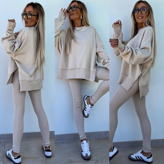 Damen komfortables Oversize-Lounge-Set mit langem Sweatshirt, gerippten High-Waist-Leggings und verlängerten Bündchen Shop Nory