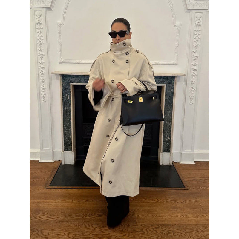 Damen Langer Oversized Trenchcoat mit hohem Stehkragen, Glockenärmeln und Bindegürtel Shop Nory