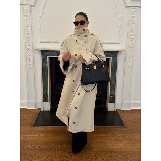 Damen Langer Oversized Trenchcoat mit hohem Stehkragen, Glockenärmeln und Bindegürtel Shop Nory