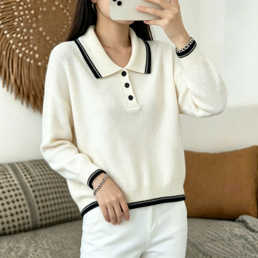 Damen Polokragen‑Strickpullover mit Knopfleiste und gerippten Bündchen Shop Nory
