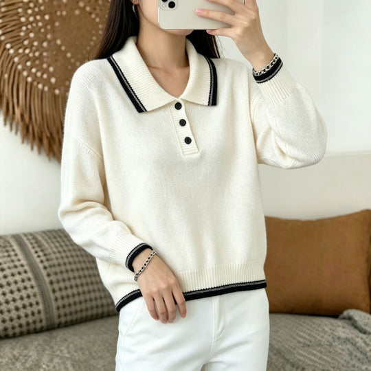 Damen Polokragen‑Strickpullover mit Knopfleiste und gerippten Bündchen Shop Nory