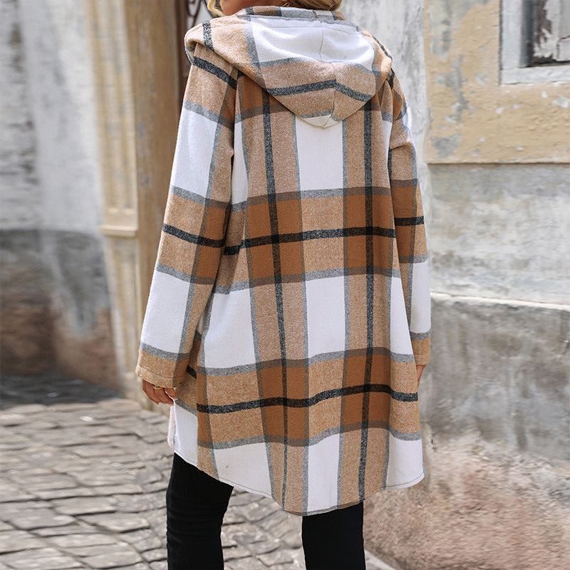 Damen Lange Kapuzen‑Strickjacke mit Karomuster, Reißverschluss & Eingrifftaschen Shop Nory