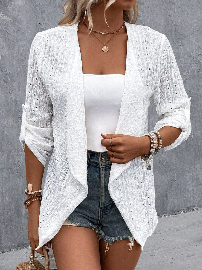 Damen luftiger Strick-Cardigan mit dekorativem Lochmuster Shopnory