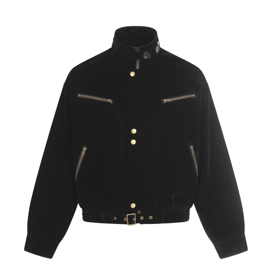 Herren Veloursleder-Blouson im Aviator‑Stil mit Stehkragen, Taillenriegel und Reißverschlusstaschen Shop Nory