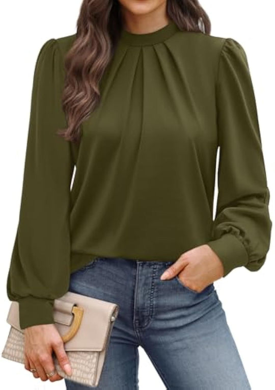 Damen Langärmelige Satinbluse mit Stehkragen, Brustfalten und gerippten Bündchen Shop Nory