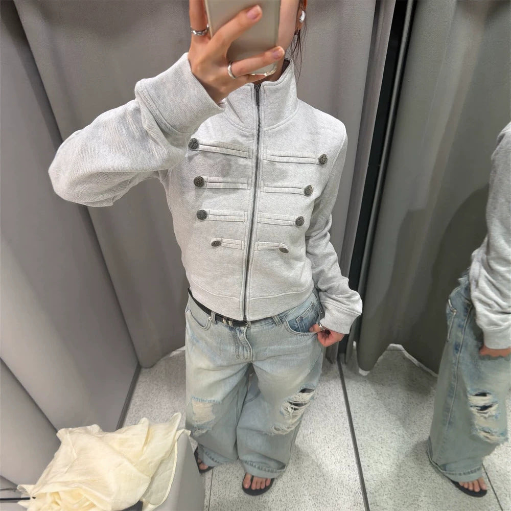 Damen Kurzgeschnittene Sweatjacke im Military-Look mit Stehkragen Shop Nory