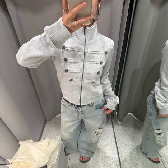 Damen Kurzgeschnittene Sweatjacke im Military-Look mit Stehkragen Shop Nory