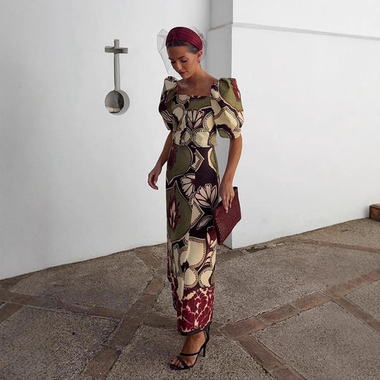 Damen Maxikleid-Set mit Puffärmeln, tailliertem Midriff und floral-geometrischem Print Shop Nory