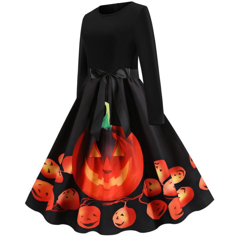 Damen Schwingendes Kleid mit Halloween-Kürbismotiv, Langarm und Taillenschleife Shop Nory