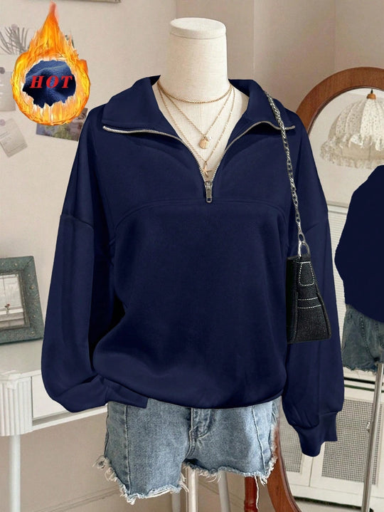 Damen nan Oversize Sweatshirt mit halbem Reißverschluss, Stehkragen und Ballonärmeln Shop Nory