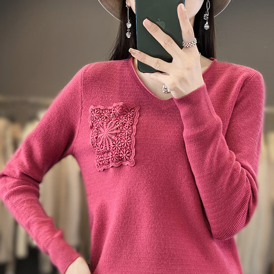 Damen Kaschmir‑Optik V‑Ausschnittpullover mit floraler Häkelapplikation Shop Nory