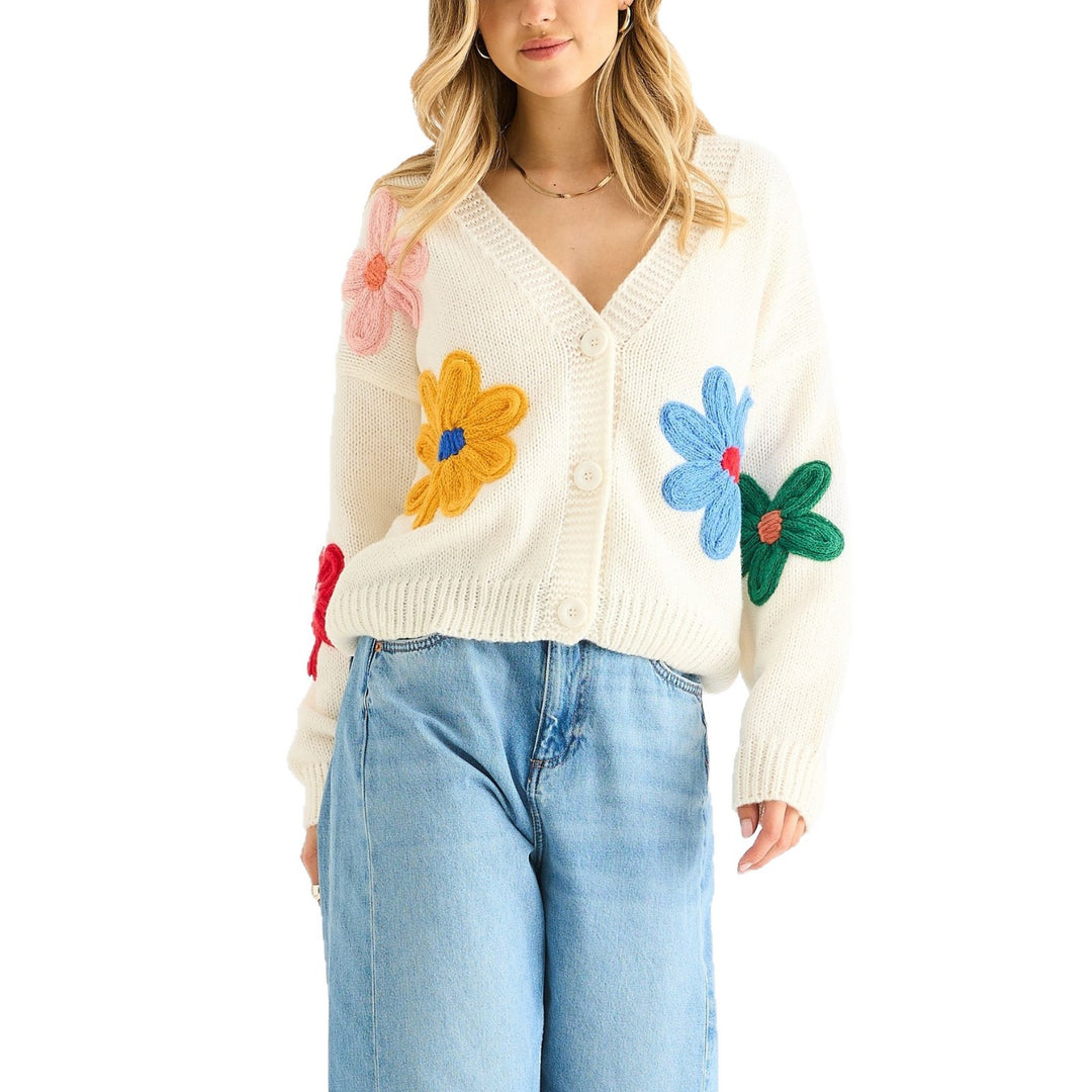 Damen Cardigan mit dreidimensionalen Blumenapplikationen und V-Ausschnitt Shop Nory