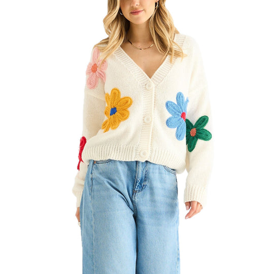 Damen Cardigan mit dreidimensionalen Blumenapplikationen und V-Ausschnitt Shop Nory