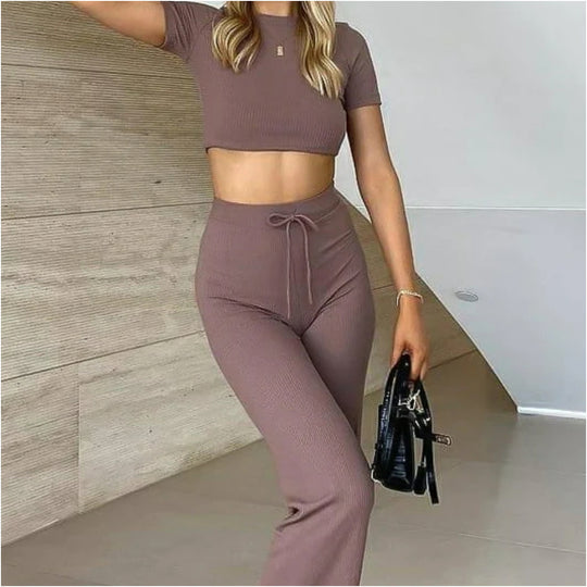 Damen Geripptes Crop-Set aus Stretch‑Jersey mit taillenhoher Kordel-Hose Shop Nory