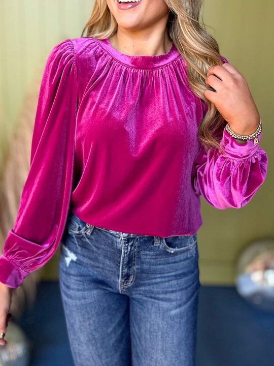 Damen Samtbluse mit Ballonärmeln und gerafftem Stehkragen Shop Nory