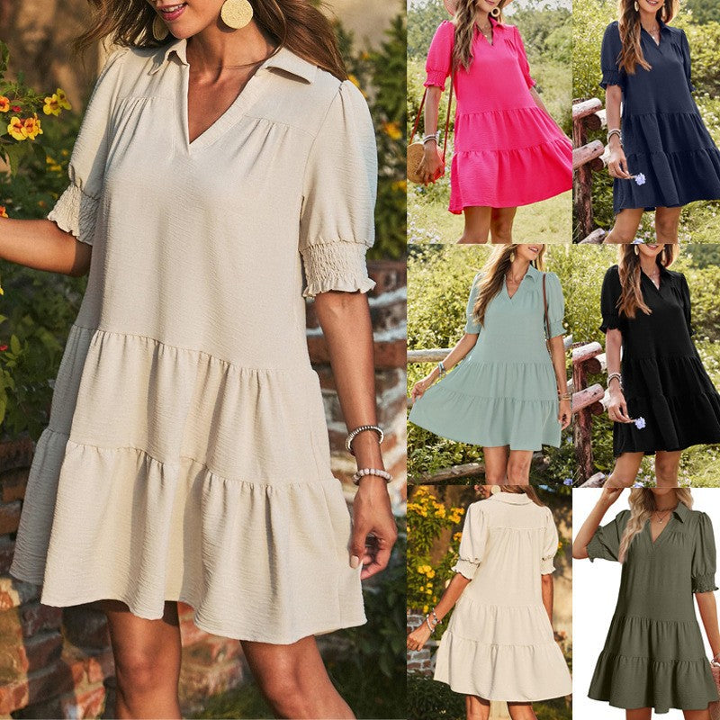 Damen Lässiges Stufenkleid mit Hemdkragen, V-Ausschnitt und gesmokten Ärmeln Shop Nory