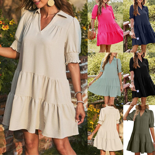 Damen Lässiges Stufenkleid mit Hemdkragen, V-Ausschnitt und gesmokten Ärmeln Shop Nory