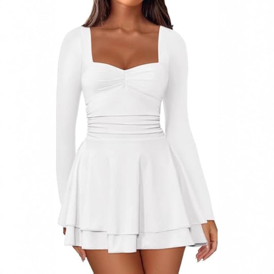 Damen Langarm-Minikleid mit quadratischem Ausschnitt, taillierter Raffung und zweilagigem Volantrock Shop Nory