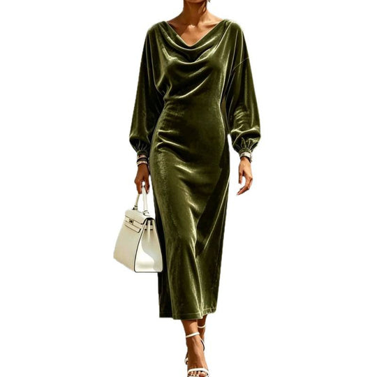 Damen Midikleid aus Samt mit drapiertem Wasserfallkragen und Ballonärmeln Shop Nory