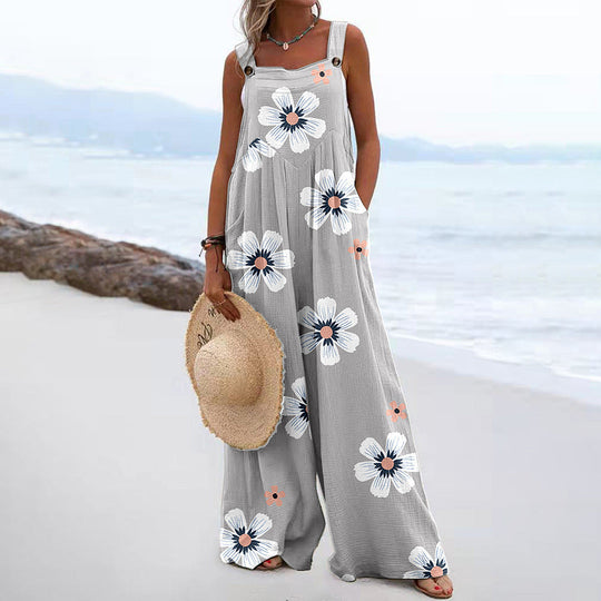 Damen Weit geschnittene Latzhose mit floralem Muster und praktischen Taschen Shopnory