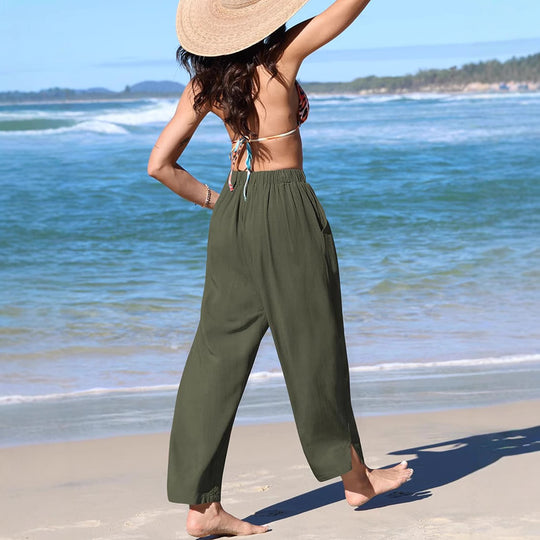 Damen Locker geschnittene Leinenhose mit weitem Bein und Kordelbund Shop Nory