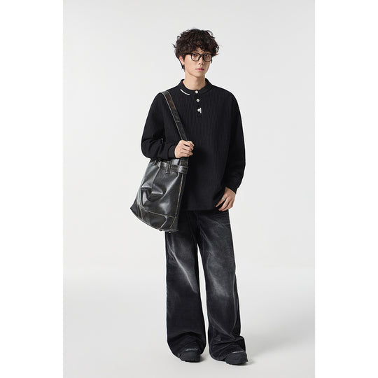 Unisex Gerippter Oversize-Henley-Pullover mit Knopfleiste Shop Nory