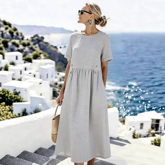 Damen Langes Leinenoptik-Sommerkleid mit geraffter Taillenpartie und Eingrifftaschen Shop Nory