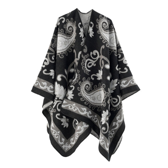 Damen Wollmix-Poncho-Umhang mit Paisley-Jacquard und Ziernaht Shop Nory
