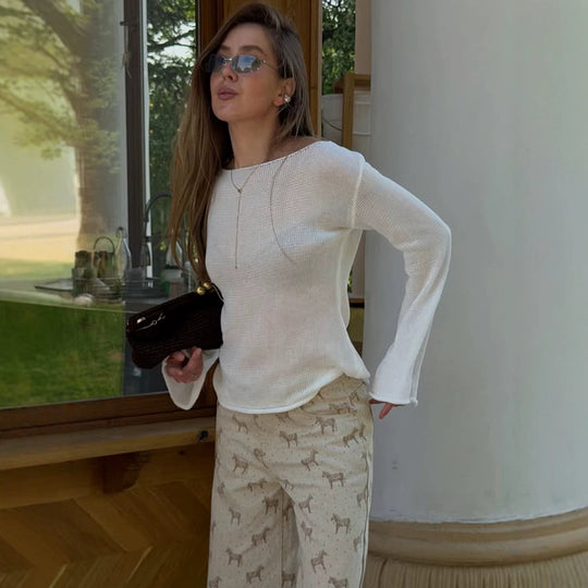 Damen Grobstrick-Pullover mit weitem U-Boot-Ausschnitt & extraweiten Trompetenärmeln Shop Nory