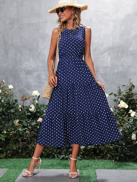 Damen Maxikleid mit Punkten und voluminösem Saum Shopnory