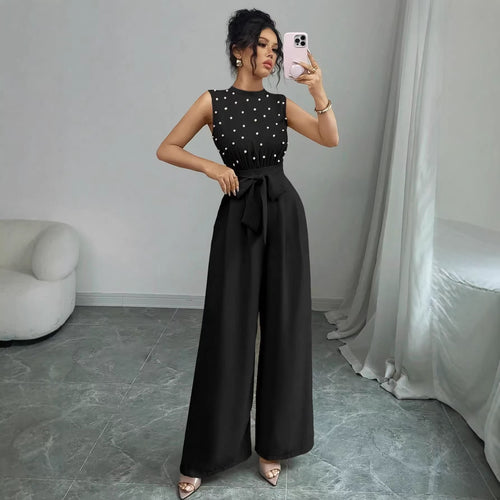 Damen Eleganter Jumpsuit mit Perlenbesatz, Stehkragen und weitem Palazzo-Bein Shop Nory