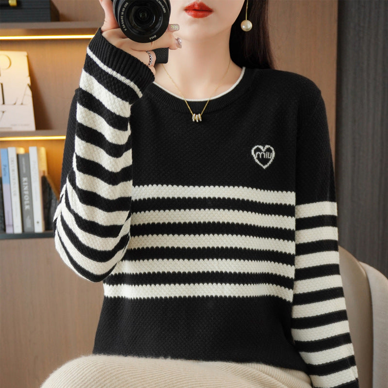 Damen Oversize-Strickpullover mit Wabenstruktur, kontrastierenden Streifen und dezentem Herzlogo Shop Nory