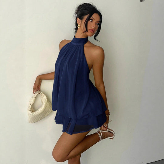 Damen Ärmelloser Chiffon-Playsuit mit hohem Stehkragen, gerafftem Oberteil und Stufen-Shorts Shop Nory