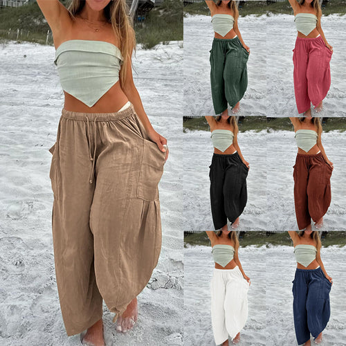Damen Hochbundweite Weitbein Leinenmix Cargo Cropped Hose Shop Nory