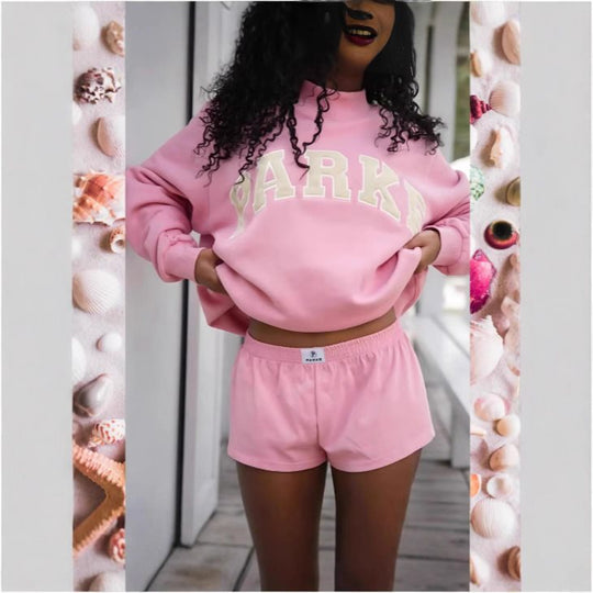 Damen Gemütliches Freizeit-Set mit Oversize kurz geschnittenem Sweatshirt und elastischen Baumwoll-Shorts Shop Nory
