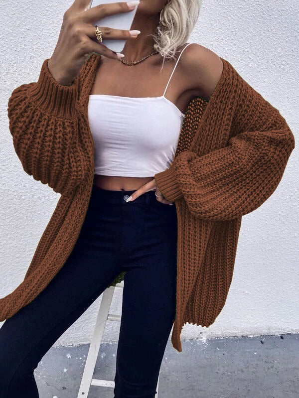 Damen Grobstrick-Cardigan mit voluminösen Ärmeln und offener Vorderseite