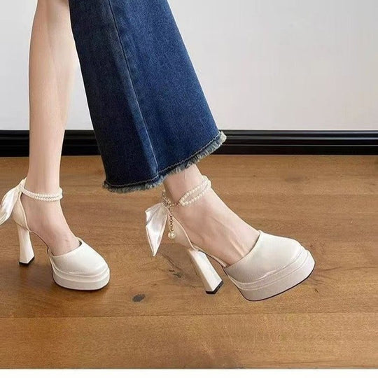 Damen Satin-Plateau-Pumps mit dekorativer Schleife und verstellbarem Knöchelriemen Shop Nory