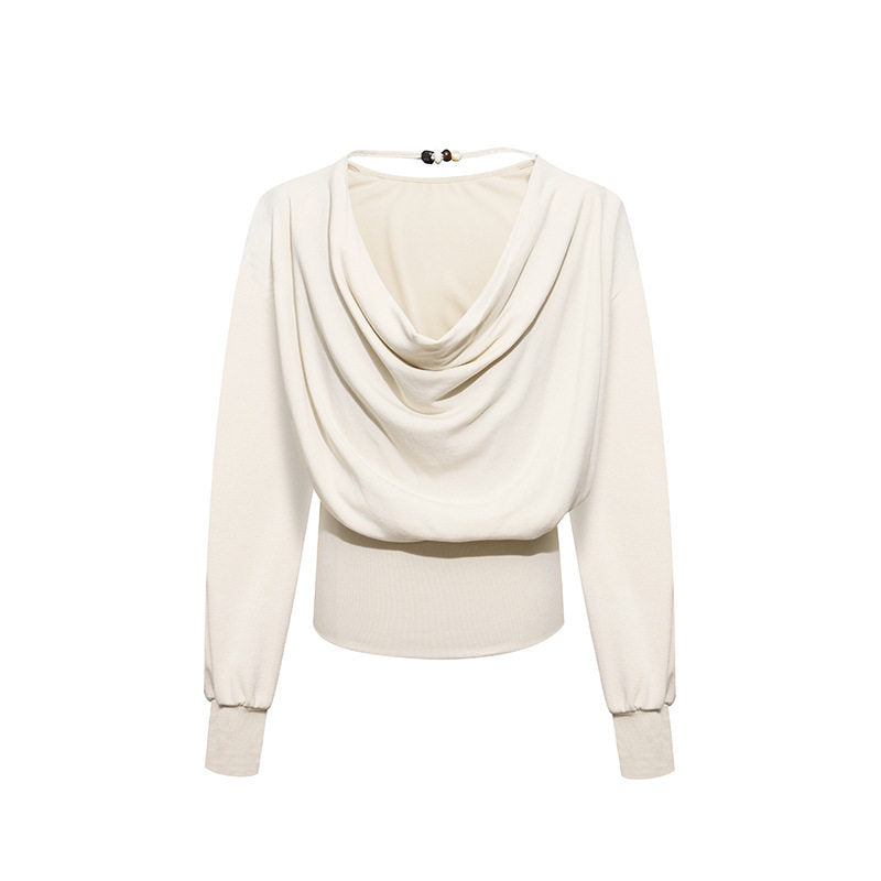 Damen Drapiertes Langarm-Top mit Wasserfallkragen, offenem Rückenband und tailliertem Rippsaum Shop Nory
