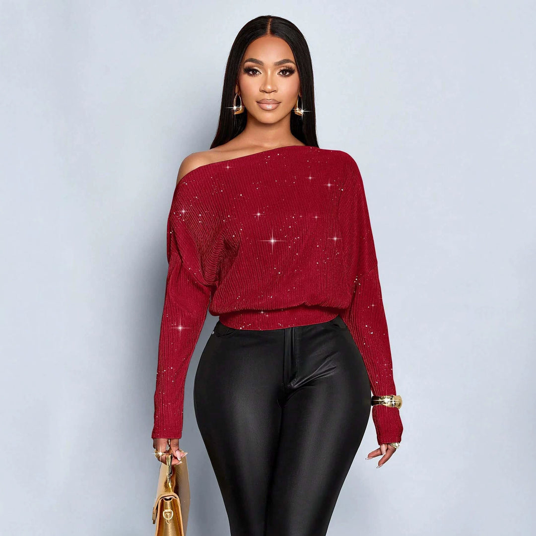 Damen Off-Shoulder Rippstrick-Pullover mit Glitzereffekt und Batwing-Ärmeln Shop Nory