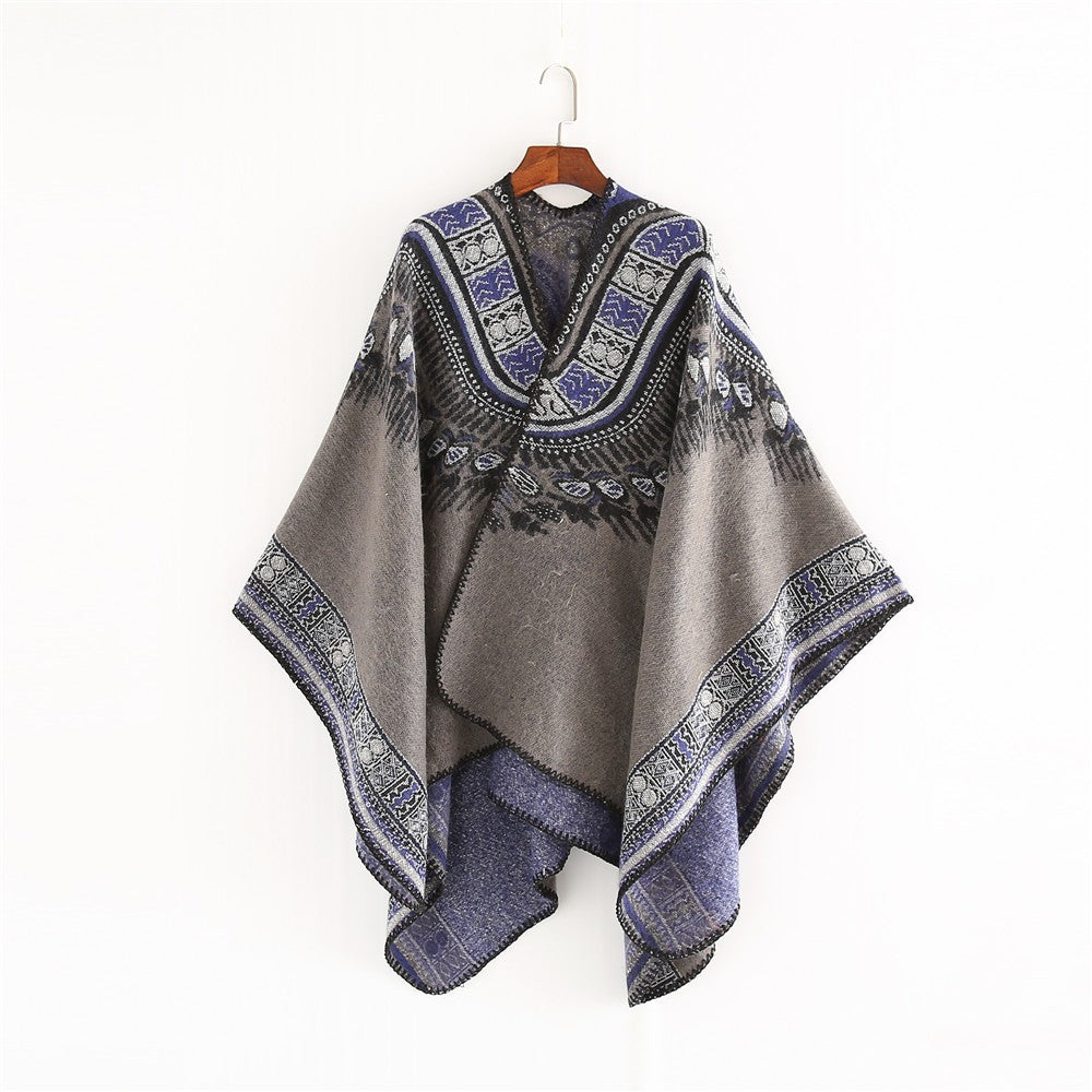 Damen Oversize-Poncho im Ethno-Jacquard mit V-Ausschnitt und strukturiertem Saum Shop Nory